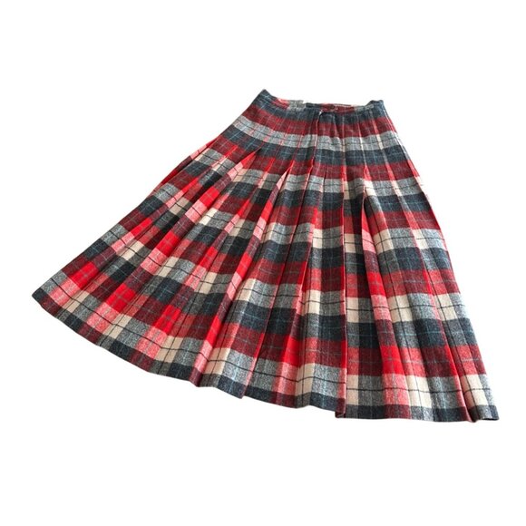 Vintage Red & Grey Plaid Wool Blend A-Line Midi Pleated Skirt 1960s Waist 25" - Picture 3 of 8